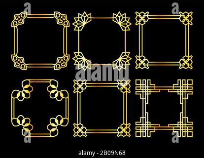 Golden square vector asian retro frames set isolated on black background illustration Stock Vector