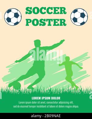 Soccer players vector poster template. Silhouette soccer players with ball illustration Stock Vector