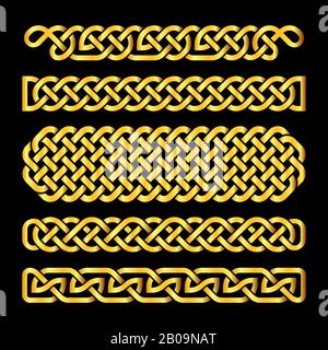 Golden celtic knots vector borders set. Pattern line decorative illustration Stock Vector