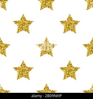 Vector golden glitter stars white seamless pattern. Background with glitter gold illustration Stock Vector
