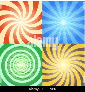 Comic book vector backgrounds set. Retro sunburst and spiral effects with halftone pattern. Collection of color comic vintage backdrops with comic effects Stock Vector
