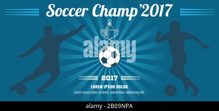 Blue horizontal football, soccer vector poster template. Sport banner illustration Stock Vector