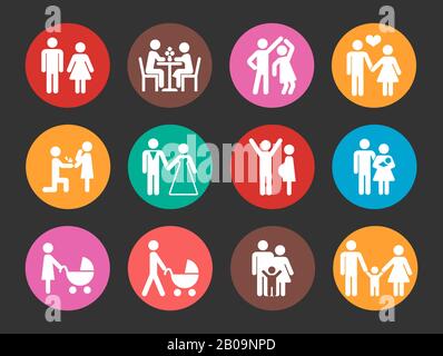 Family vector colorful icons set. Happy family silhouette signs illustration Stock Vector