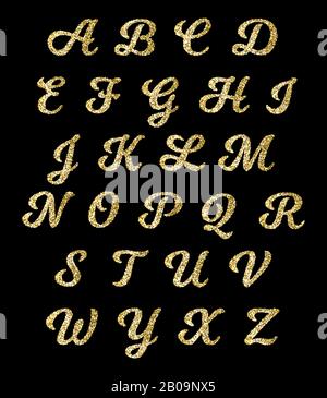 Golden glitter alphabet, gold font vector letters with sparkle effect. Fashion glitter alphabet, illustration of sparkle golden alphabet Stock Vector