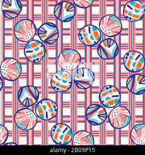 1950s Gingham Summer Floral Polka Dot Seamless Pattern. Pink Red Blue Flower Circle Check Background. Modern Bright Cut Out Collage Style Textile Stock Vector