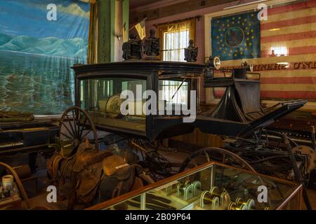 Bodie, California, USA- 03 June 2015: Stagecoach as a museum exhibit in ghost town, Bodie. Bodie State Historic Park. Stock Photo