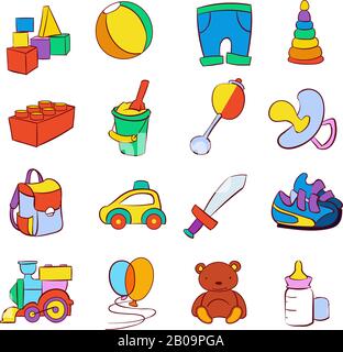 Hand drawn cartoon baby toys vector set. Childish toy car and pyramid, illustration of pinwheel and locomotive for childish play game Stock Vector