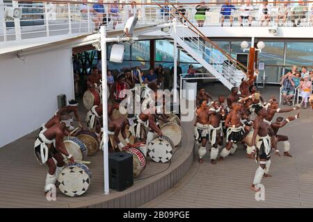 Kangaroo Zulu Dancers perform for passengers on Azamara Quest cruise ship, Durban, KwaZulu-Natal Province, South Africa, Africa Stock Photo