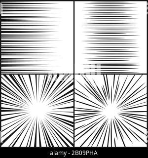 Speed lines, motion strip manga comic horizontal and radial effect vector set. Radial abstract speed line from motion, illustration of drawing radial texture Stock Vector