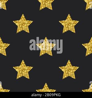 Vector gold glitter stars seamless pattern black background. Backdrop design illustration Stock Vector