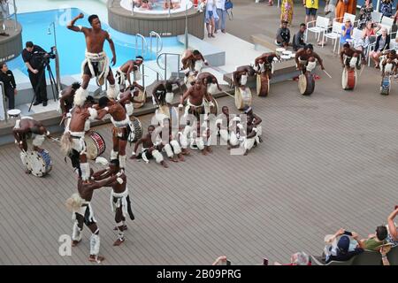 Kangaroo Zulu Dancers perform for passengers on Azamara Quest cruise ship, Durban, KwaZulu-Natal Province, South Africa, Africa Stock Photo