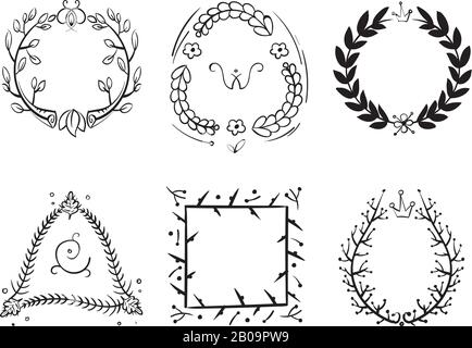 Doodle rustic branch frames, vector hand drawn nature swirl tree decorative border. Set of wreath sketch frame, illustration of vintage botanical frame Stock Vector