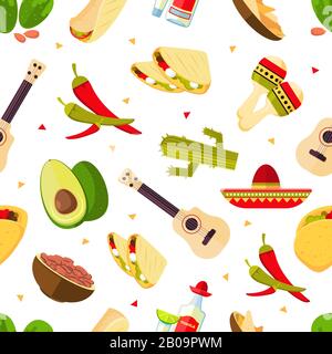 Aztec theme, cartoon mexican food, tequila, red hot chili peppers, sombrero, guitar, tacos, cactus vector. Seamless pattern mexican traditional illustration Stock Vector