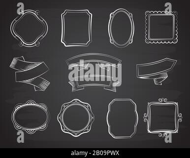 Vintage chalkboard hand drawn ribbon banners, picture frames and labels on black chalkboard vector set. Drawing sketch ribbons and frame for pictures illustration Stock Vector