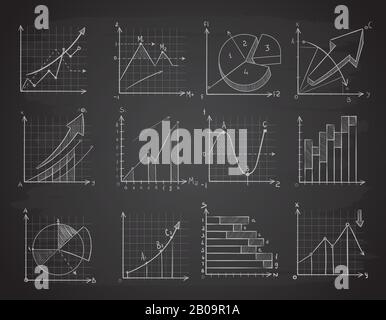 Hand drawing business statistics data graphs, social charts, chalk diagram on blackboard vector set. Infographic chart and drawing charts on blackboard illustration Stock Vector