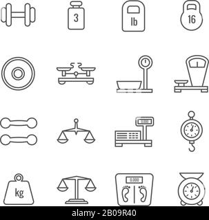 Measurement, weight scales, libra, balance thin line vector icons. Set of linear scales for food, illustration of weight and scale Stock Vector