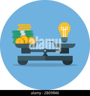 Comparison of money value and idea, business measurement vector concept. Idea and money on scale, illustration of compare idea and capital Stock Vector