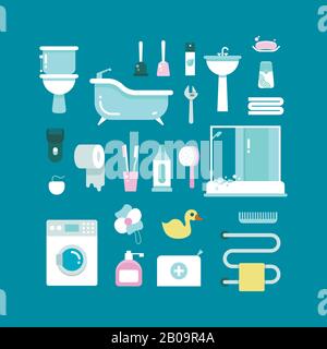 Plumbing, sanitary engineering, hygiene vector icons. Sink, toilet, piping, bathroom. Elements for bathtoom design washing machine and towel illustration Stock Vector