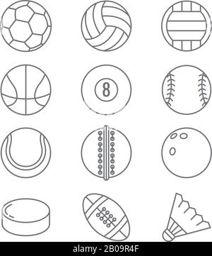 Sports balls vector thin line icons. Basketball and soccer, tennis and football, baseball or bowling, golf and volleyball balls illustration Stock Vector