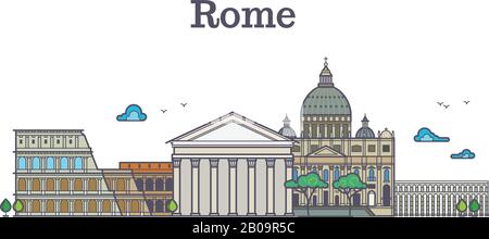Line art rome architecture, italy buildings vector illustration. Ancient color rome panorama with monument and arena colosseum, rome structure building famous Stock Vector