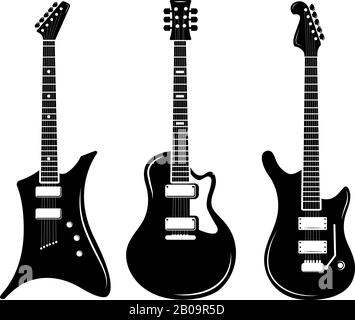 Vector black guitar icons acoustic and electric guitars. Musical guitar instrument for playing rock, illustration of black silhouette electric guitar Stock Vector