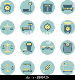 Vintage balance, electronic and mechanical scales, weight measurement flat vector icons. Scales for luggage or medical, precise scale measurement illustration Stock Vector