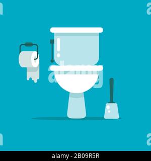 Washroom, toilet bowl, bidet with with toilet paper and toilet brush vector illustration. Toilet room with brush and paper Stock Vector