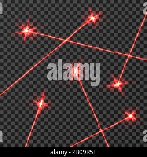 Red laser beams vector light effect isolated on transparent checkered background. Red light beam neon, illustration of technology beam line effect Stock Vector