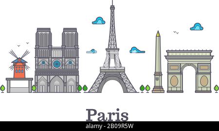 Modern france travel line landmark, paris panorama vector illustration. French eiffel tower, famous place notre dame and french triumphal arc Stock Vector