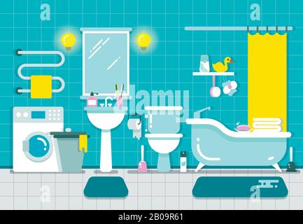 Bathroom home interior with shower, bath and washbasin vector illustration. Bathroom with washbasin and toilet, design of bathroom with mirror and wash machine Stock Vector