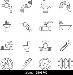 Plumbing, sewerage, pipe, faucet thin line vector icons set. Pipe and valve to bathroom and toilet, shower and part of pipe illustration Stock Vector