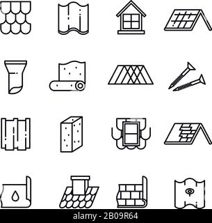 Roof, housetop construction materials, waterproofing thin vector icons. Material for roof house, architecture roof ceramic with pipe illustration Stock Vector