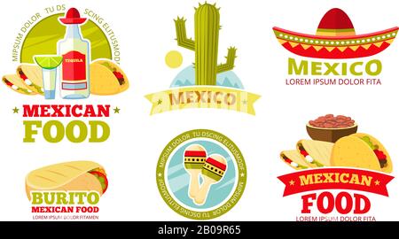 Mexican salsa food restaurant vector badges. Labels, logos and emblems for mexican cafe, illustration of color badge mexican food Stock Vector