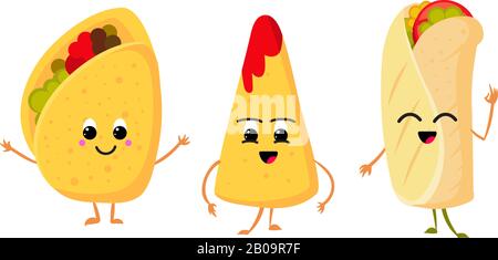 Cute funny corn taco, burrito and nachos with smile in face. fresh lunch mexican food vector set. Funny character mexican food, illustration of mexican cuisine Stock Vector