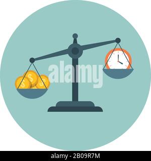 Time is money, scale measuring flat time management vector business concept. Clock on scalepan and illustration money on other scalepan Stock Vector