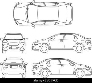 Outline sedan car vector drawing in different point of view. Scheme sedan auto, illustration of documentation project car sedan Stock Vector