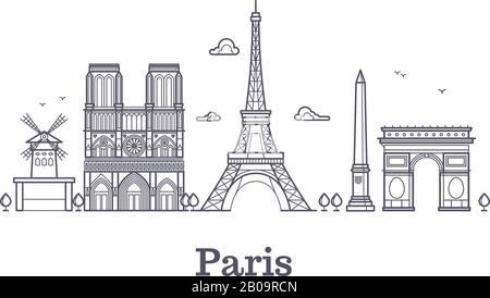 French architecture, paris panorama city skyline vector outline illustration. Paris linear architecture, famous paris place Stock Vector