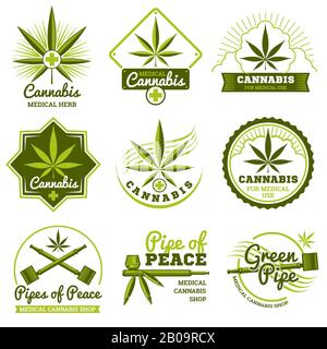 Hashish, rastaman, hemp, cannabis vector logos and labels set. Medicine marijuana and label shop marijuana organic illustration Stock Vector