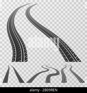 Curved tire tracks stretching to the horizon, tread marks isolated on transparent background vector. Track tire grunge, illustration of rubber track tire isolated on checkered background Stock Vector