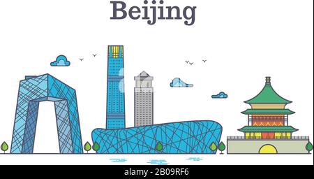 Vector cityscape of china Beijing city landmarks. Color Beijing skyline, illustration of panorama asian town Stock Vector