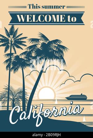 California republic vector poster with palm trees, sport t shirt surfing graphics. California summer beach with tropical palm, illustration of banner paradise coast california Stock Vector
