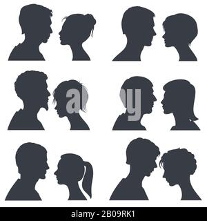 Couple faces, young boy and girl head vector silhouettes isolated on white. Girl and boy silhouette head, illustration of profile young couple boy and girl Stock Vector