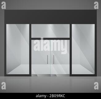 Empty fashion store, shop with big glass window and entrance vector illustration. Fashion empty store, exterior window front store Stock Vector