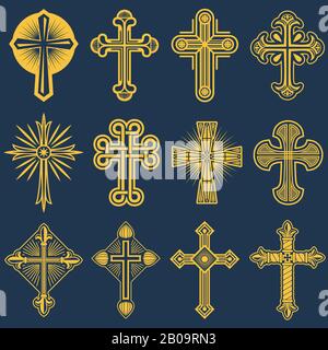 Gothic catholic cross vector icons, catholicism symbol. Christianity symbol religion, set of christianity crosses illustration Stock Vector