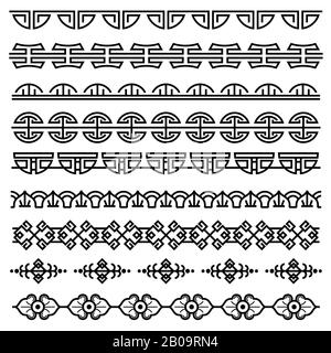 Chinese decoration, traditional antique korean pattern, vector asian seamless borders set. Korean border pattern, illustration of traditional oriental japanese pattern Stock Vector