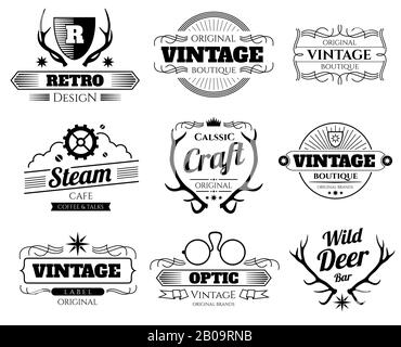 Vintage vector hipster logos and labels set with deer horns. Hipster logo for boutique or cafe, ilustration of emblem with horns Stock Vector