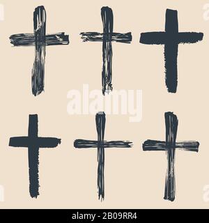 Grunge religious, baptism, christian crosses, crucifix symbols vector graphic paint set. Crucifix christian conceptual symbol illustration Stock Vector