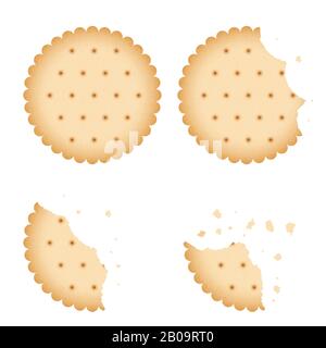 Bitten chip biscuit cookie, cracker vector set. Baked biscuit on white background, illustration of bitten biscuit Stock Vector