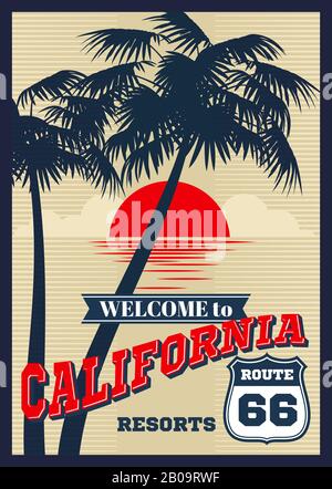 Vintage california vector summer poster, retro t-shirt print. California summer beach, fashion banner california resorts with silhouette of palm trees llustration Stock Vector