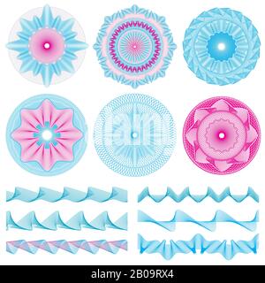 Vintage engraving lines guilloche borders and bank note design decorative elements vector. Watermark for certificate and voucher, illustration of pattern watermark for security banknote Stock Vector
